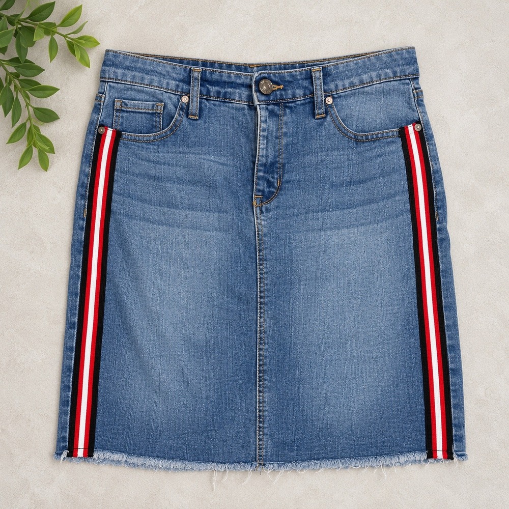 Nine West Jeans Skirt Blue Side Stripe Raw Hem Pescadero Novelty Denim Sz 8